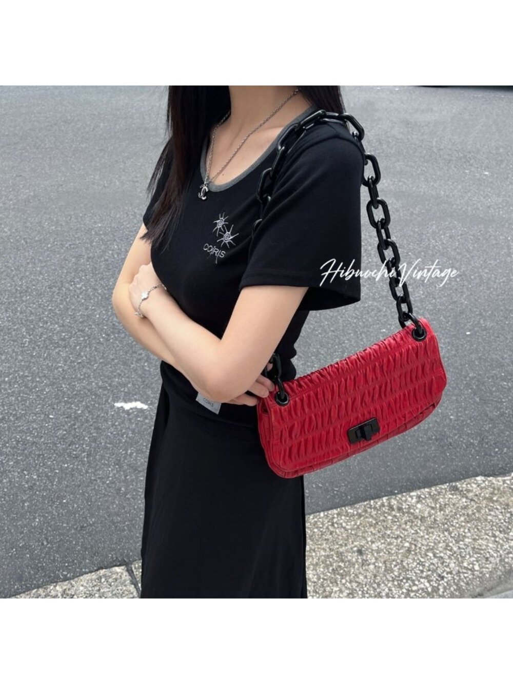 Prada Gaufre Chain Flap Shoulder Bag Leather Red Vintage